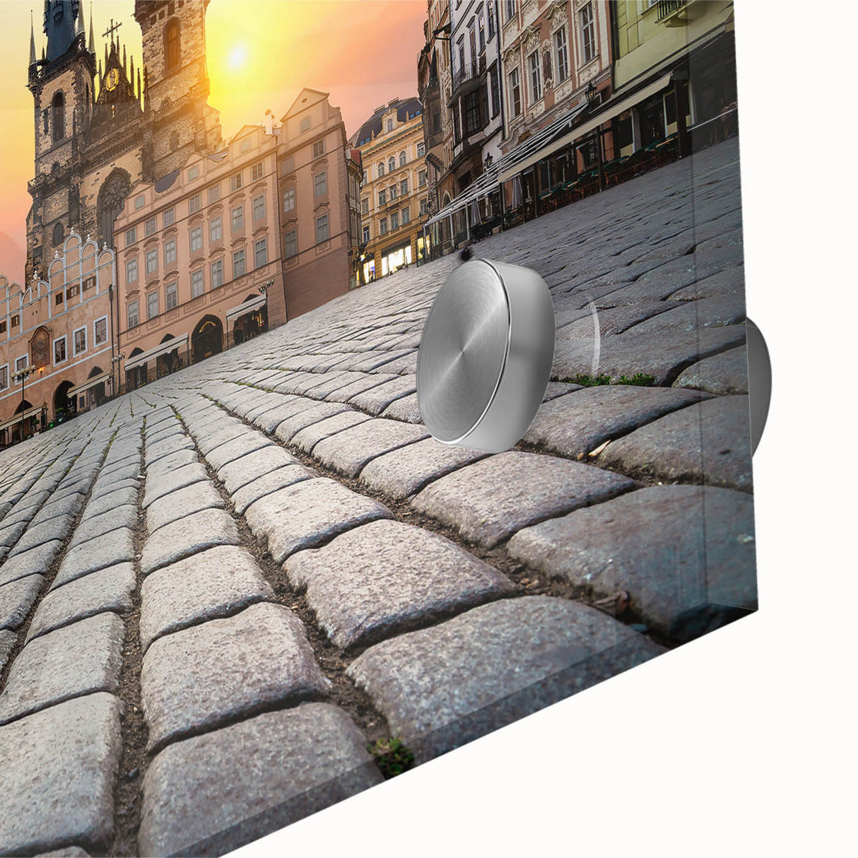 Large abstract wall art of Prague scenery in muted earth tones on acrylic glass, ideal for dining room decor.