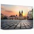 Acrylic print of Prague cityscape with muted blue and gray tones, suitable for dining room decor.