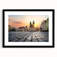 Extra large, colorful art print of Prague in abstract style with textured appearance on a black framed canvas.
