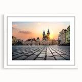 Textured art print of Prague's cityscape in muted earth tones on a white framed canvas, suitable for bedroom decor.