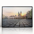 Large abstract wall art depicting Prague's skyline in muted tones on framed acrylic, suitable for modern living room decor.