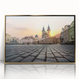 Art deco poster of Prague scenery in acrylic frame, with muted gold and blue tones, suitable for modern art wall decor.