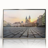 Large art print of Prague skyline in acrylic, framed in silver, featuring mid-century modernist style.