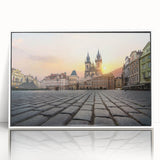 Mid-century modernist art depicting Prague skyline in muted colors on a white framed acrylic, ideal for nursery wall decor.