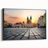 Black and white framed canvas featuring a vintage poster art style landscape of Prague, ideal for bedroom wall decor.