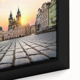 Extra large framed canvas of Prague with textured black and colorful art, ideal for living room decor.