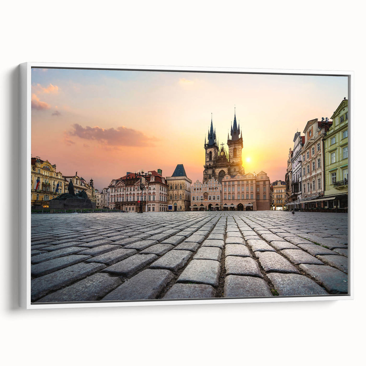 Vintage poster art of Prague skyline in vibrant colors on a large framed canvas, suitable for living room decor.