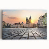 Black and white stretched canvas depicting the Prague skyline, ideal for kitchen wall art.