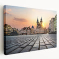 Prague cityscape on large stretched canvas with muted earth tones, suitable for kitchen wall art.