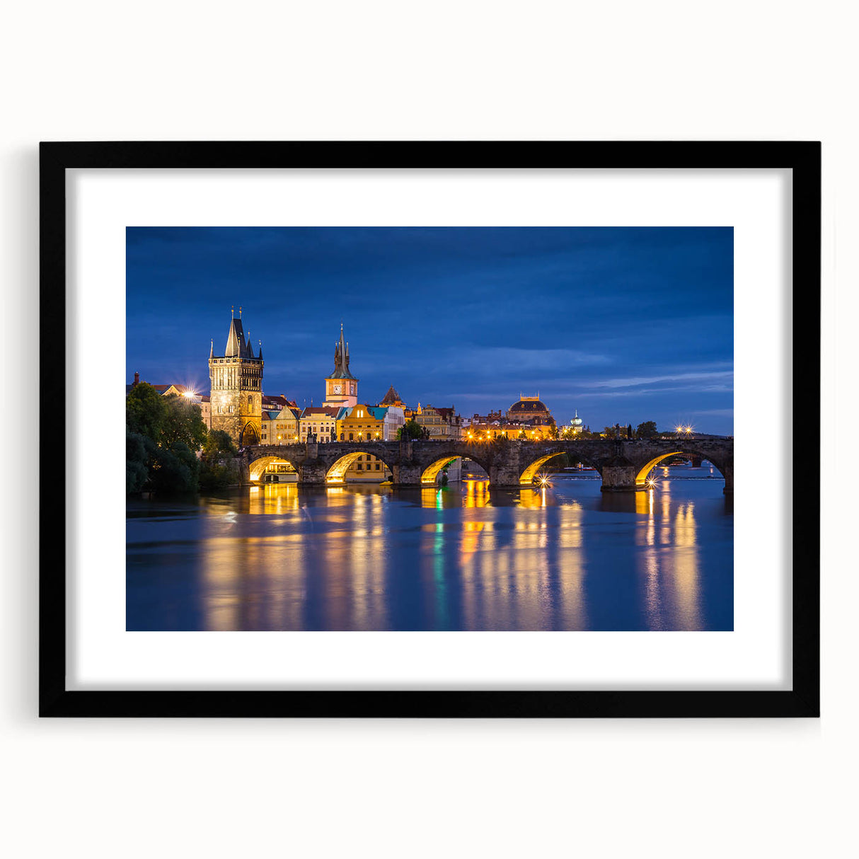 Extra large, textured abstract art print of a colorful European scenery on a framed black mat, ideal for living room decor.