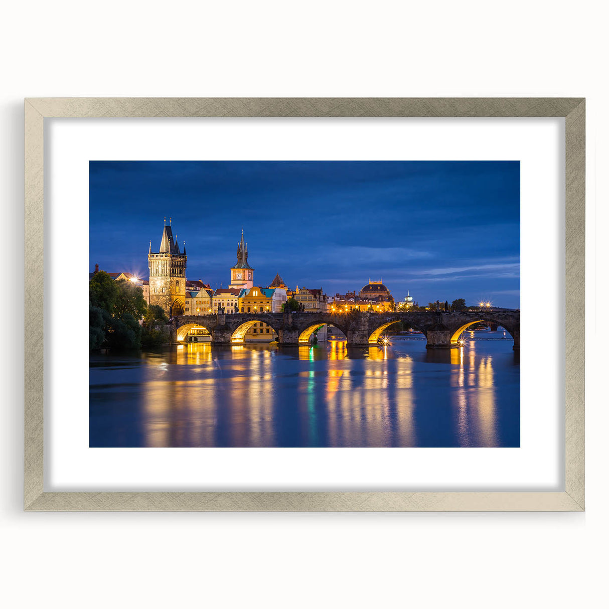 Extra large abstract art print of a European scenery in muted earth tones, framed with a silver mat.
