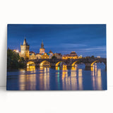 Black and white stretched canvas of the Charles Bridge in Prague, ideal for kitchen wall art.