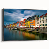 Black and white wall art featuring a vintage poster art style landscape of Denmark, on framed canvas.