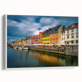 Vintage poster art of a European Denmark scenery in colorful hues on a large framed canvas, ideal for living room decor.