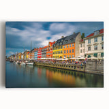 Black and white photograph of a European street scene on stretched canvas, ideal for kitchen wall art.