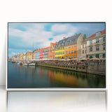 Art deco style poster depicting a serene Danish landscape, framed in white acrylic, suitable for nursery wall art.