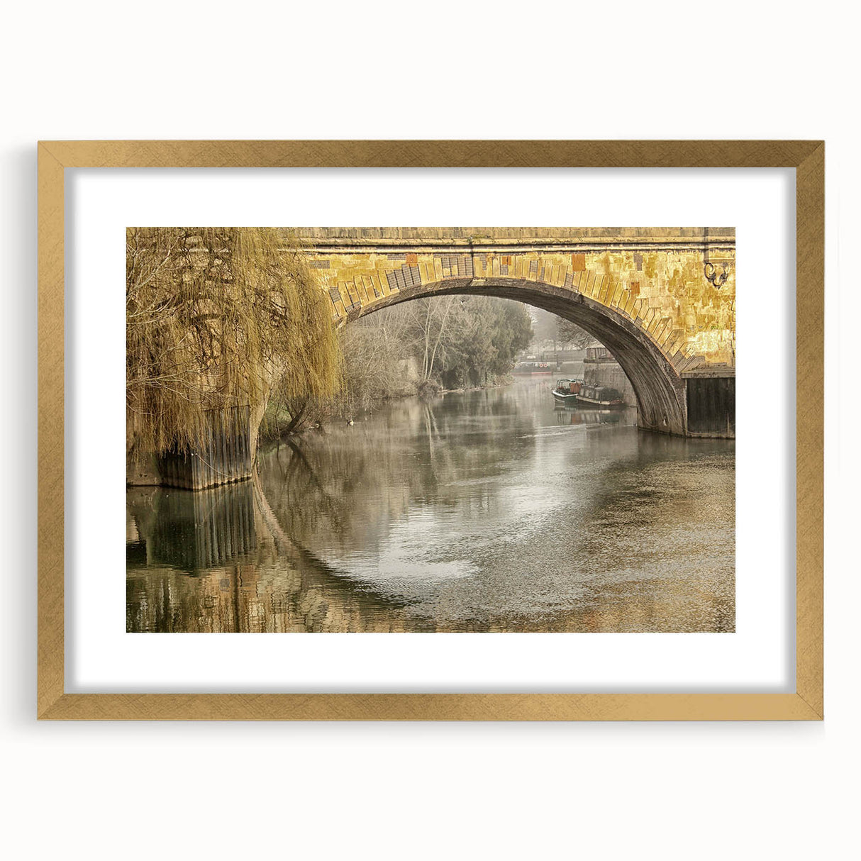 Abstract art print of Bath, England in muted gold and brown tones on a framed canvas, suitable for dining room decor.