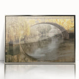 Large art print of Bath, England in a mid-century modernist style with muted earth tones on a silver-framed acrylic.
