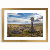 Abstract art print of Cumbria landscape in muted earth tones, framed in gold, suitable for bedroom or dining room decor.