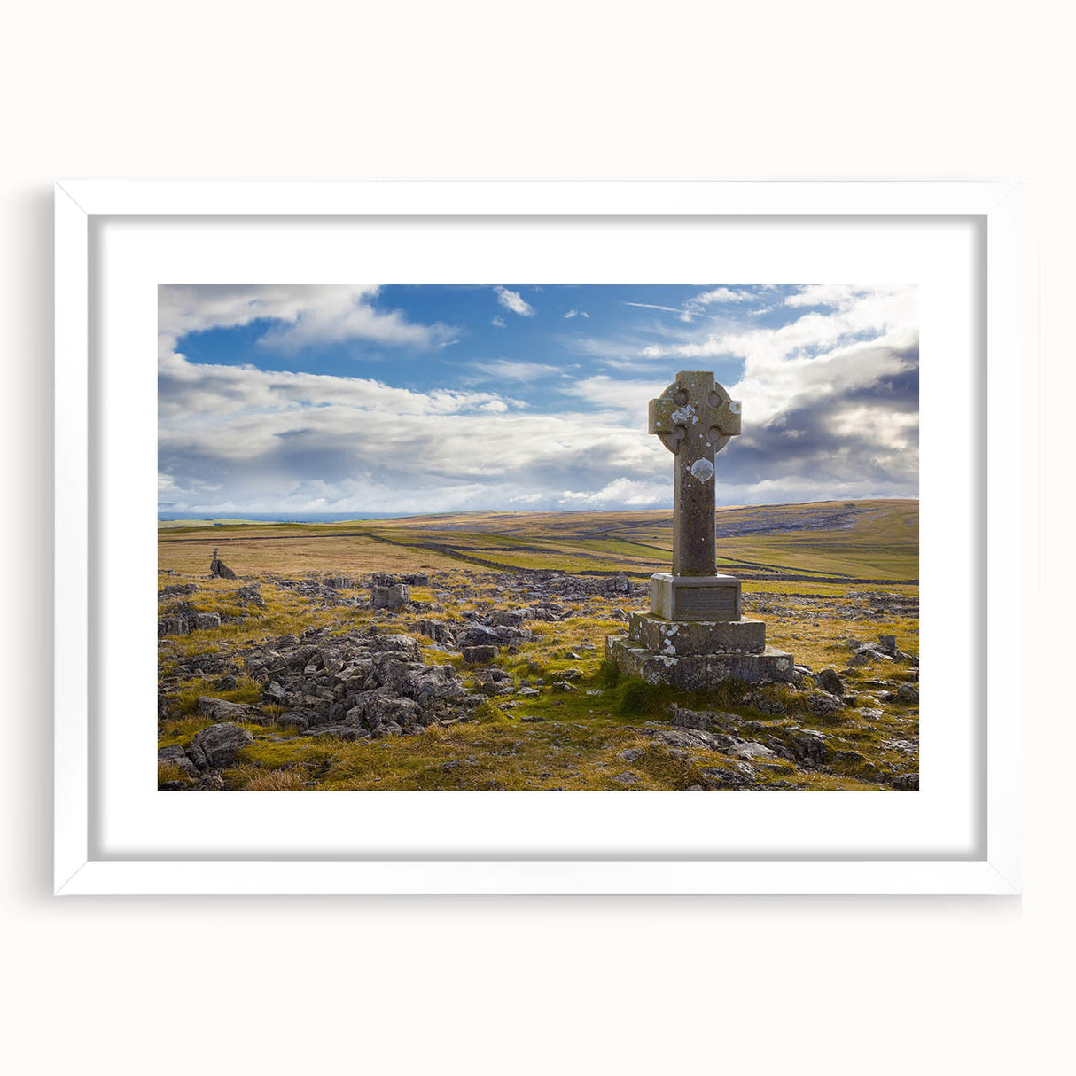 Textured abstract art print of a Cumbrian landscape in muted earth tones on a framed white mat, suitable for bedroom art.