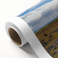 Art deco poster of Cumbria, England scenery in muted earth tones on rolled canvas, ideal for nursery wall art.