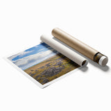 Extra large rolled print of a Cumbrian landscape with vibrant green fields and floral elements.