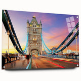 Acrylic print of London skyline in muted blue and gray tones, ideal for dining room decor.