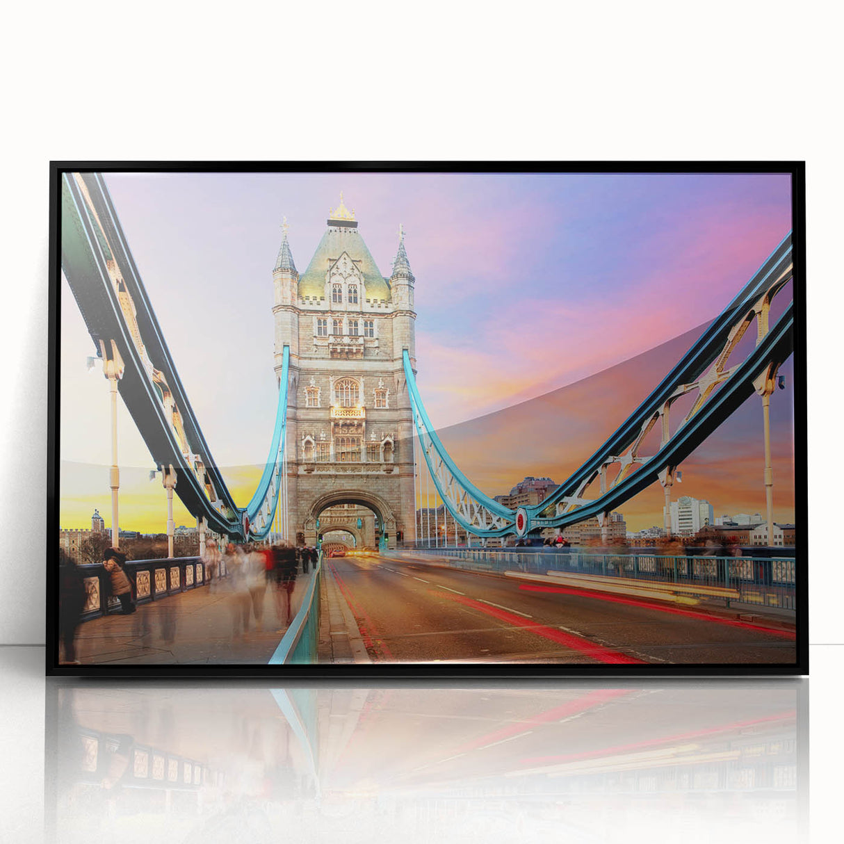 Large abstract wall art depicting the London skyline in muted gray and blue tones on a framed acrylic.