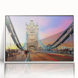 Mid-century modernist art of London skyline in muted colors on a framed acrylic, ideal for modern art wall decor.