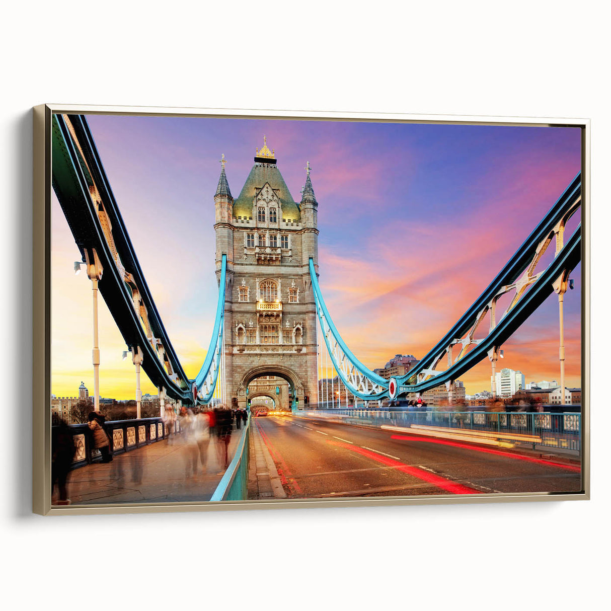 Framed canvas of a vintage London landscape in muted black and gold tones, ideal for bedroom wall art.