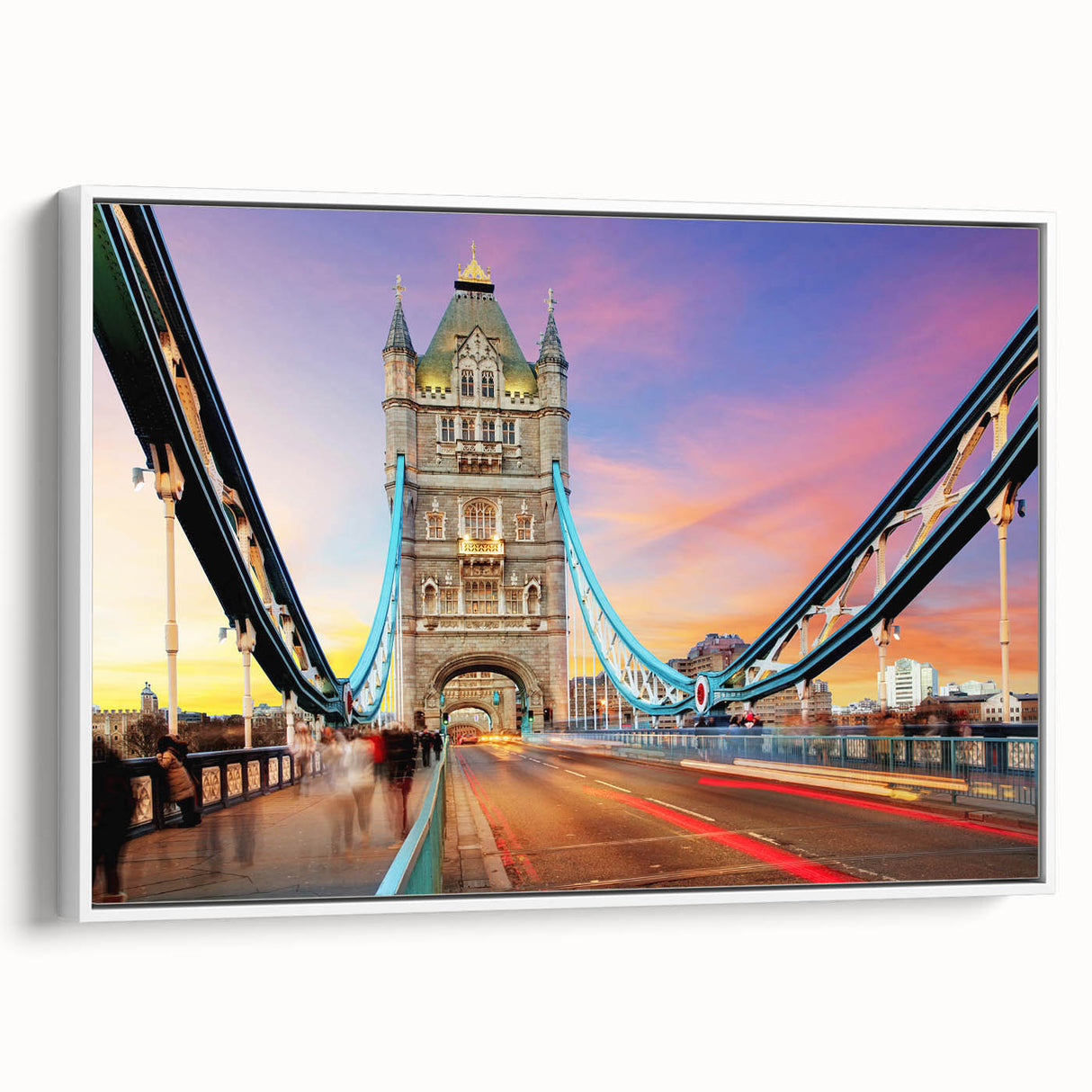 Vintage poster art of London scenery on framed canvas, featuring colorful art in extra large size, ideal for living room.