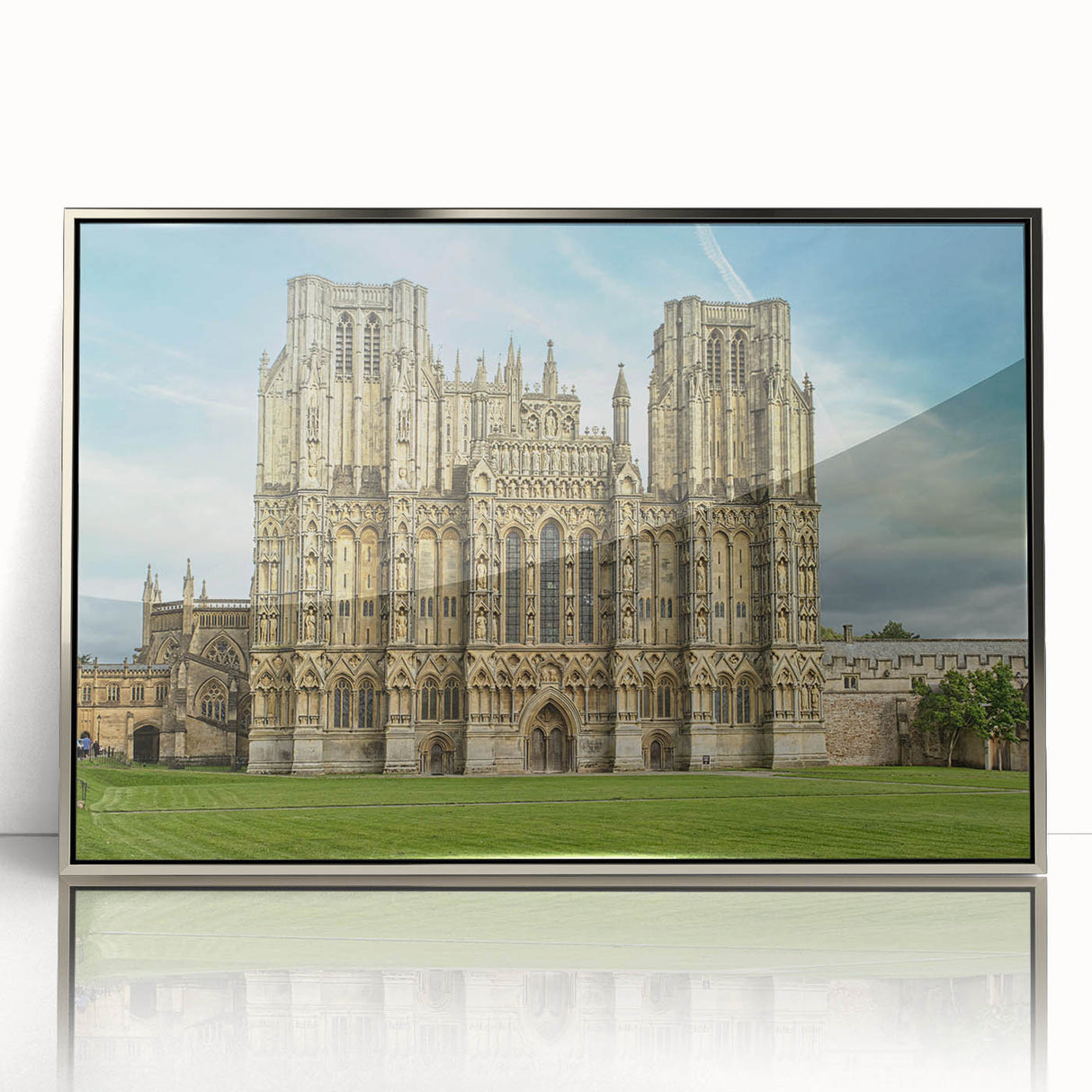 Large art print of Oxford cityscape in muted gray and silver tones on framed acrylic, ideal for modern art wall decor.