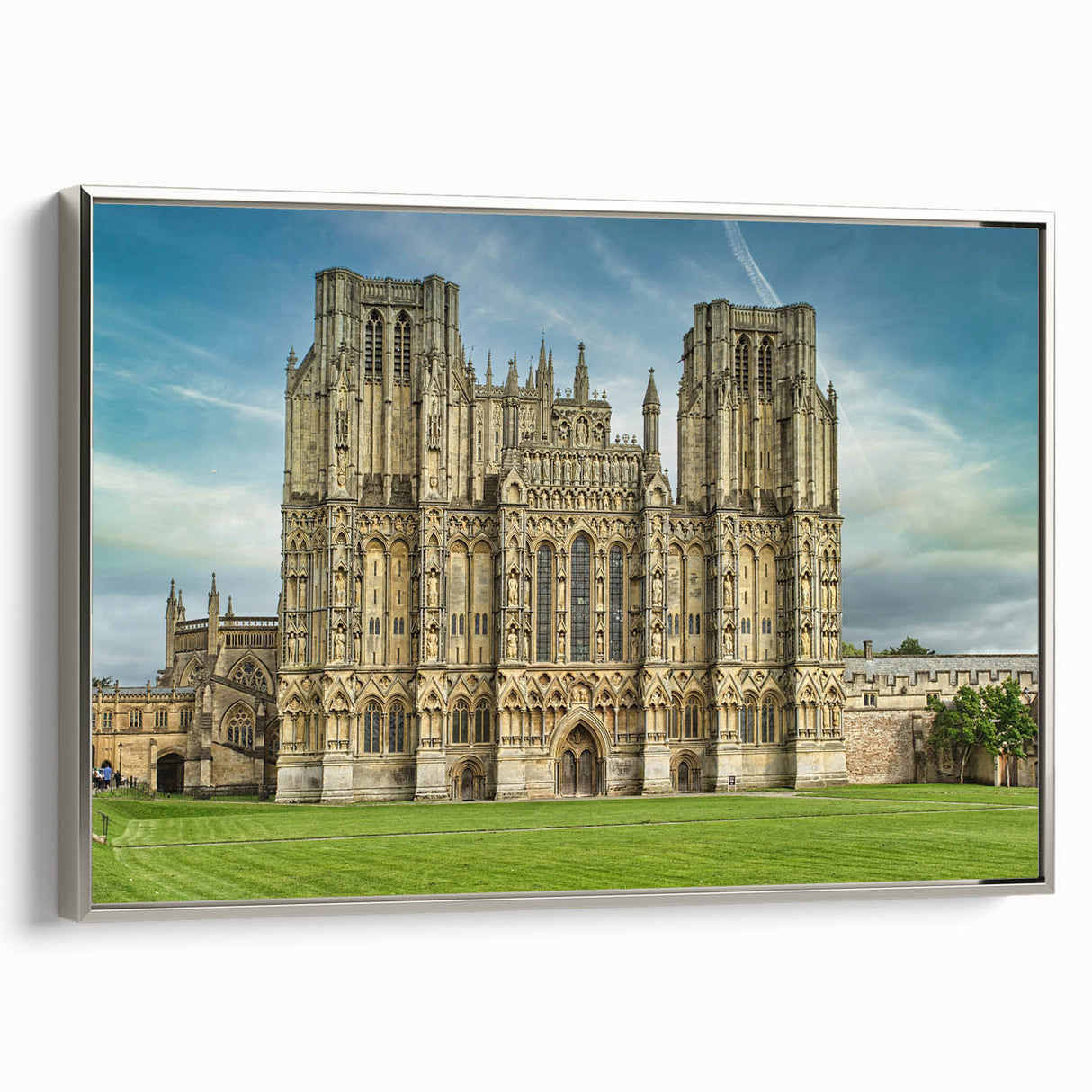 Landscape art painting of Oxford featuring muted earth tones in a vintage poster style, framed in silver.