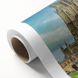 Art deco poster of Oxford scenery on rolled canvas, featuring muted earth tones, ideal for nursery wall art.