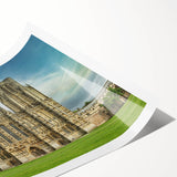 Extra large wall art featuring line art flowers and Oxford scenery in muted earth tones on rolled print.