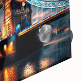 Mid-century modernist art of Thames River in muted blue and gray tones on large acrylic glass, ideal for dining room art.