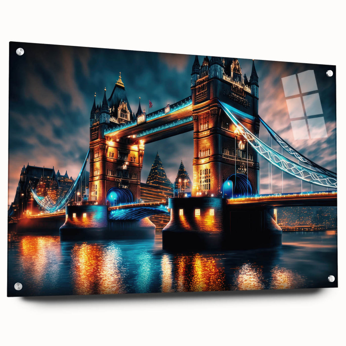Acrylic print of the Thames River and surrounding architecture in muted blues and grays, ideal for dining room decor.