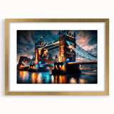 Abstract art print of the Thames River in muted blues and grays, framed in gold, ideal for dining room decor.