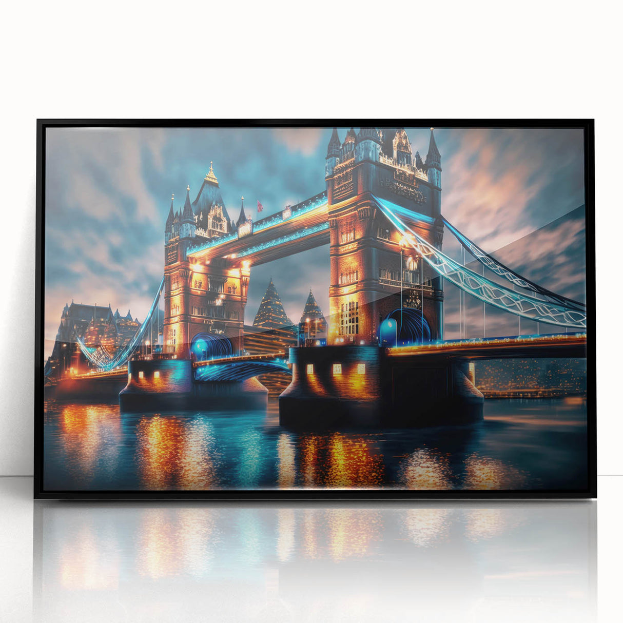 Large abstract wall art of the Thames River in England, featuring muted blue and gray tones on framed acrylic.
