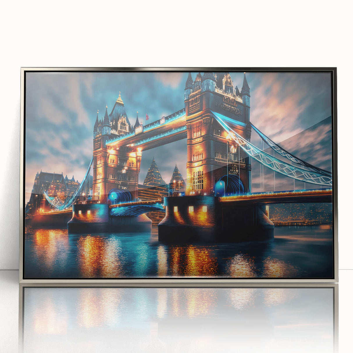Large art print featuring a mid-century modernist depiction of the Thames River in England.