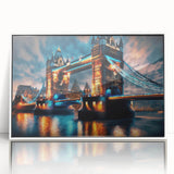 Mid-century modernist art of the Thames River in muted blue and gray tones, framed acrylic, suitable for nursery wall decor.