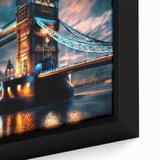 Black wall art featuring a textured depiction of the Thames River in England with colorful accents on a framed canvas.