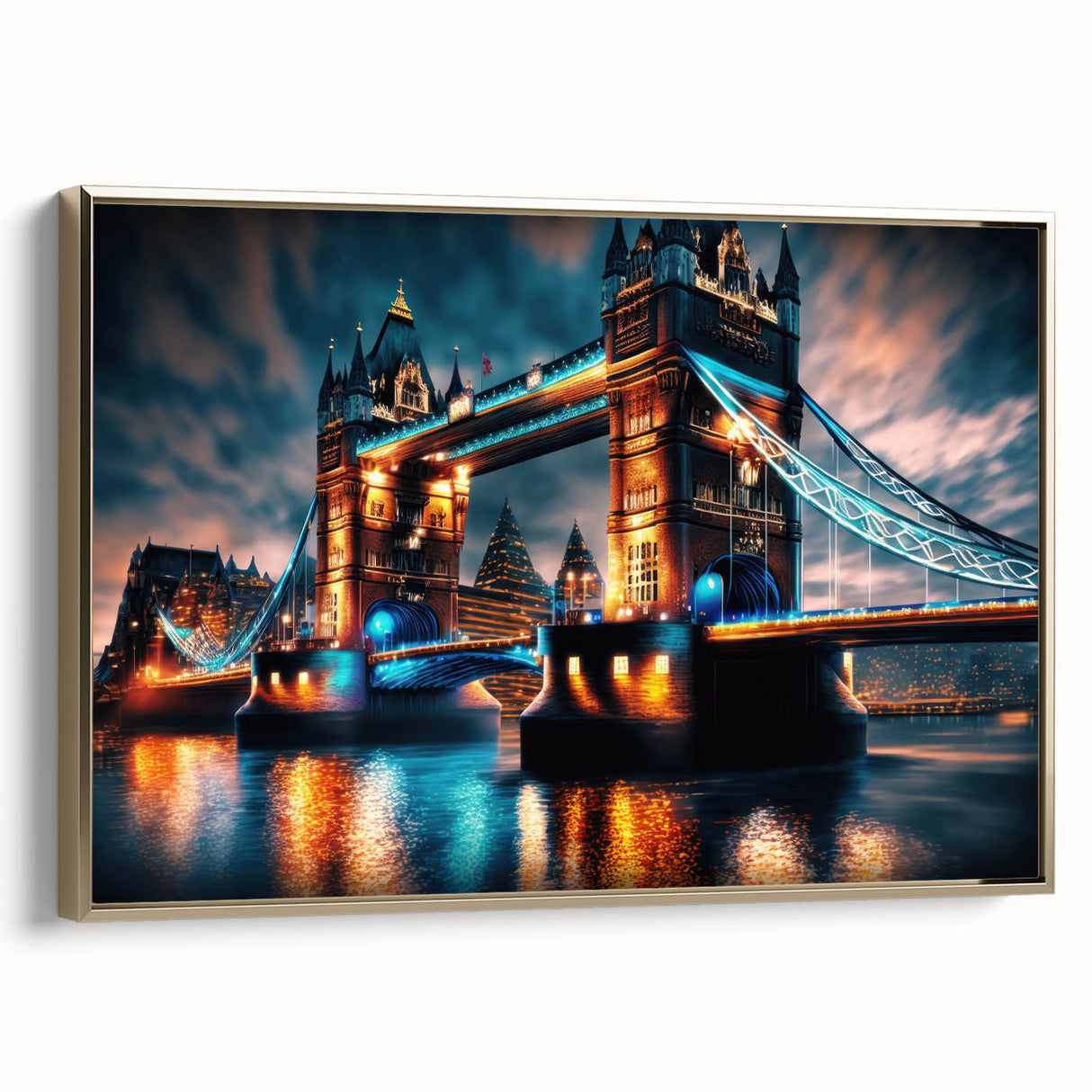 Framed canvas depicting a vintage landscape of the Thames River, using muted gold and black tones.