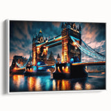 Vintage poster art of the Thames River in England, framed canvas in black with colorful art, ideal for living room decor.
