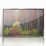 Large art print of a European Estonian landscape in muted greens and blues on a silver-framed acrylic.