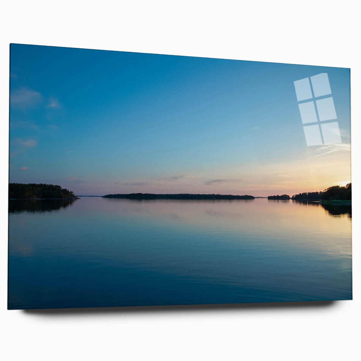 Large abstract wall art of a Finnish landscape in muted blue and green hues on acrylic glass.