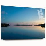Large abstract wall art of a Finnish landscape in muted blue and green hues on acrylic glass.