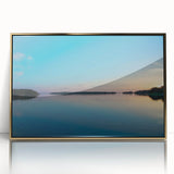 Art deco poster of a Finnish landscape in muted gold and blue tones on framed acrylic, ideal for modern art wall decor.