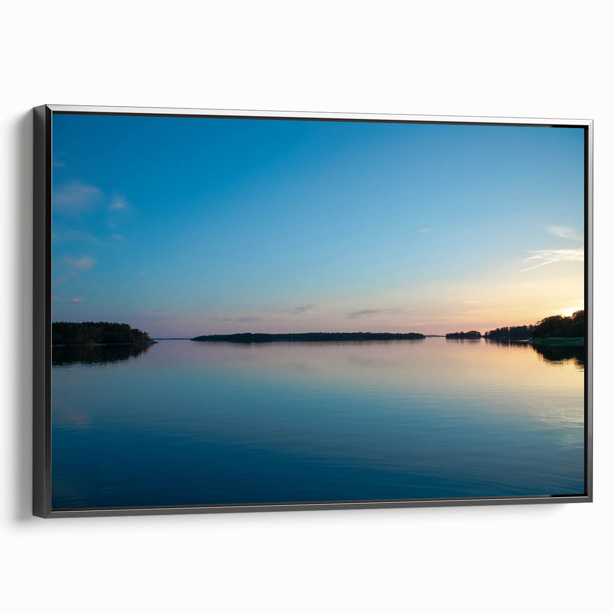 Black and white landscape art painting of a Finnish scenery on framed canvas, suitable for bedroom wall art.