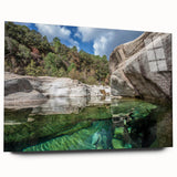 Large abstract wall art of Corsican landscape in vibrant blue and green hues, acrylic print.